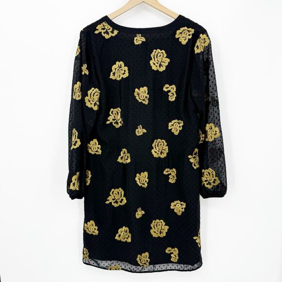 Cabi Shift Dress M Black Gold Embroidered Floral Swiss Dot Chiffon Holiday Party - Picture 2 of 9